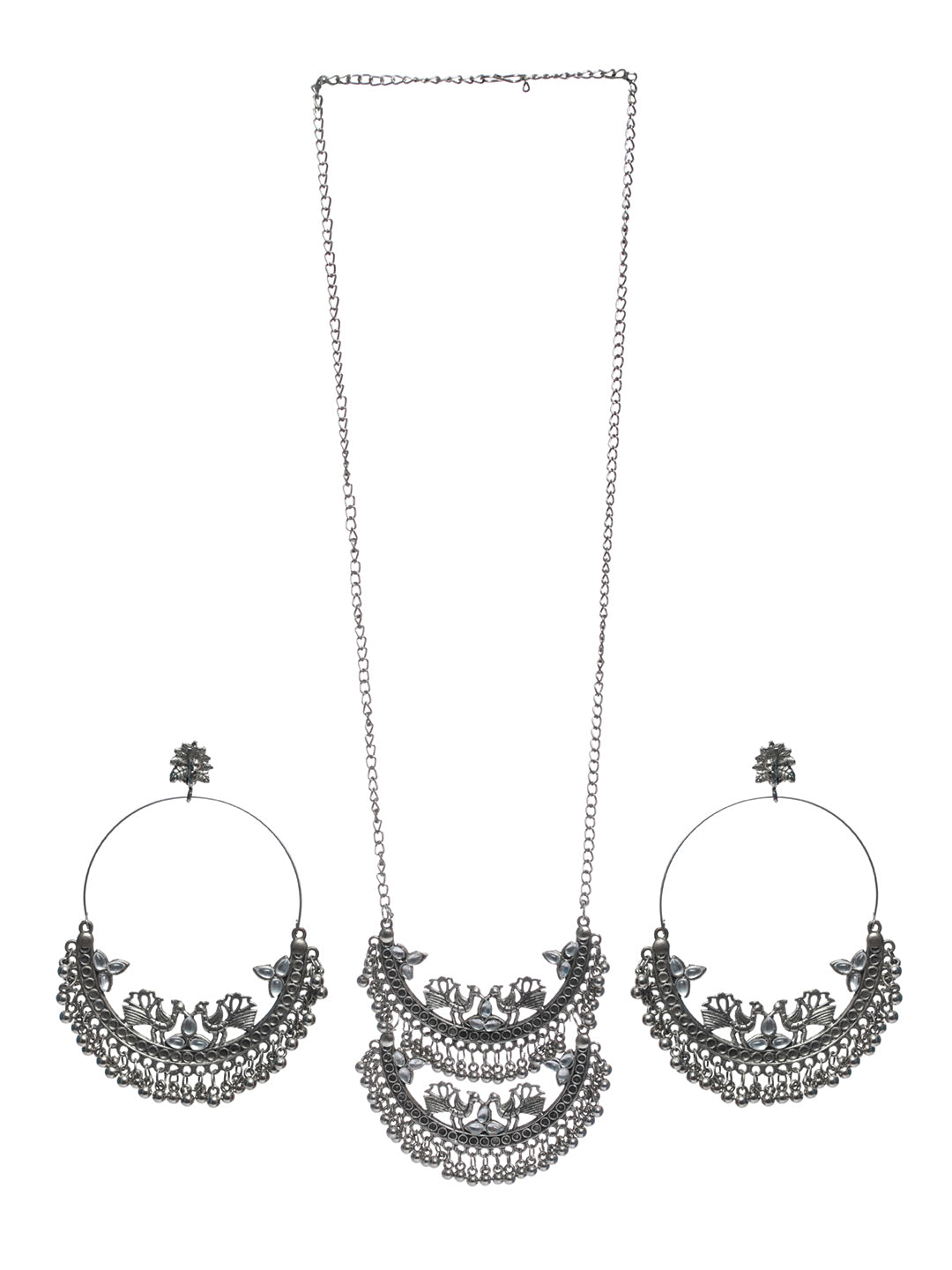 Priyaasi Oxidised Silver Studded Round Peacock Jewellery Set
