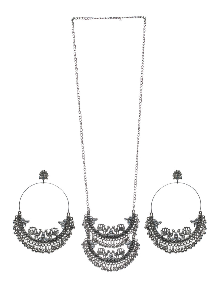 Priyaasi Oxidised Silver Studded Round Peacock Jewellery Set