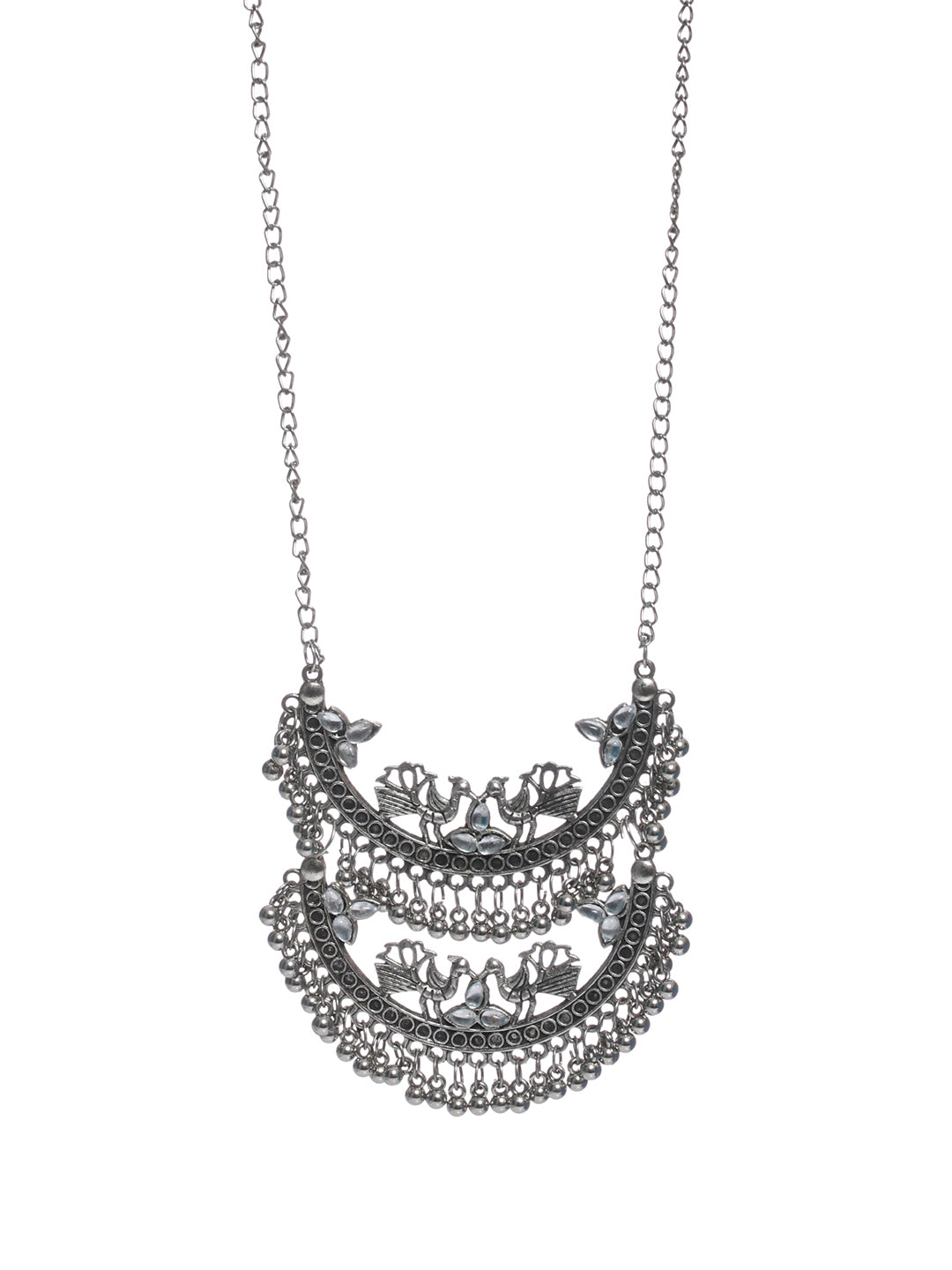 Priyaasi Oxidised Silver Studded Round Peacock Jewellery Set