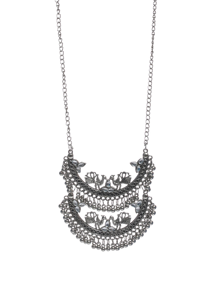 Priyaasi Oxidised Silver Studded Round Peacock Jewellery Set