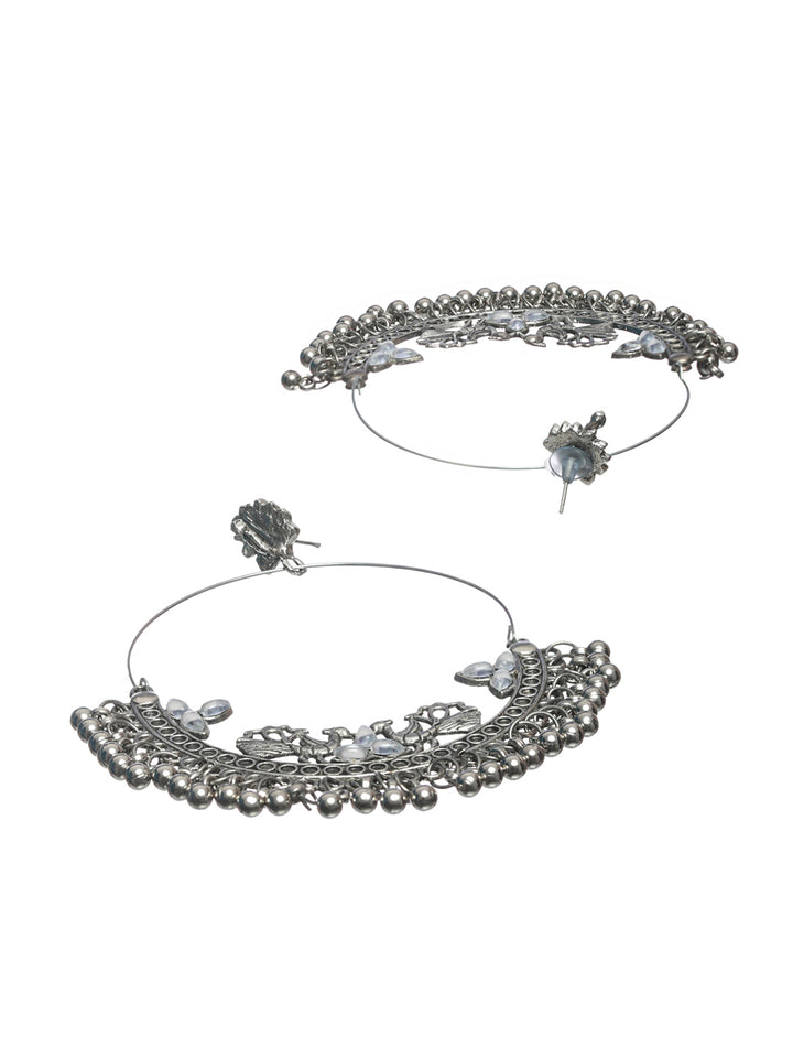 Priyaasi Oxidised Silver Studded Round Peacock Jewellery Set