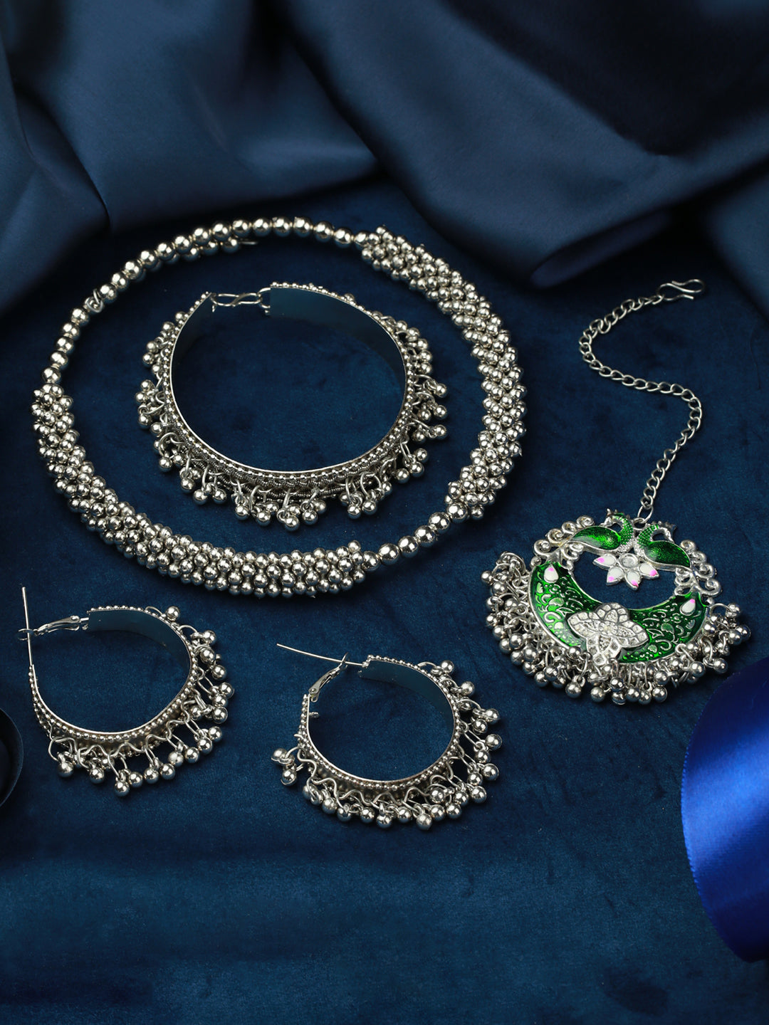 Priyaasi Oxidised Silver Green Peacock Jewellery Set with Bracelet & Maang Tikka