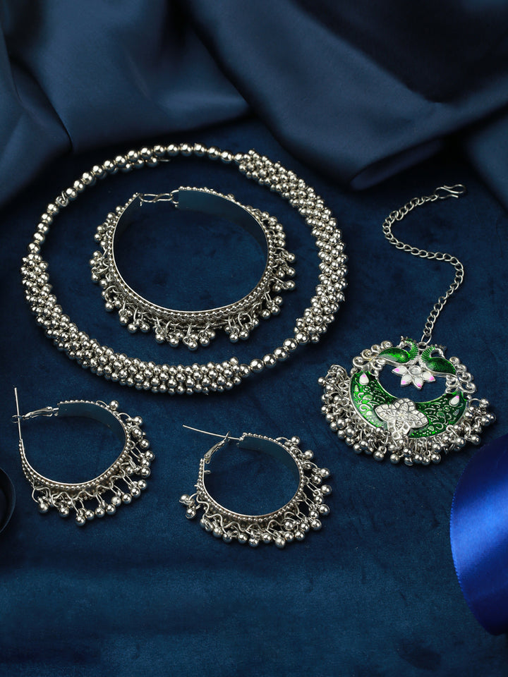 Priyaasi Oxidised Silver Green Peacock Jewellery Set with Bracelet & Maang Tikka