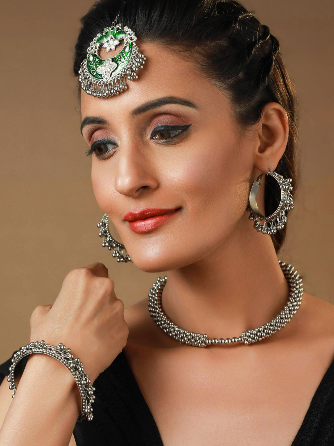 Priyaasi Oxidised Silver Green Peacock Jewellery Set with Bracelet & Maang Tikka