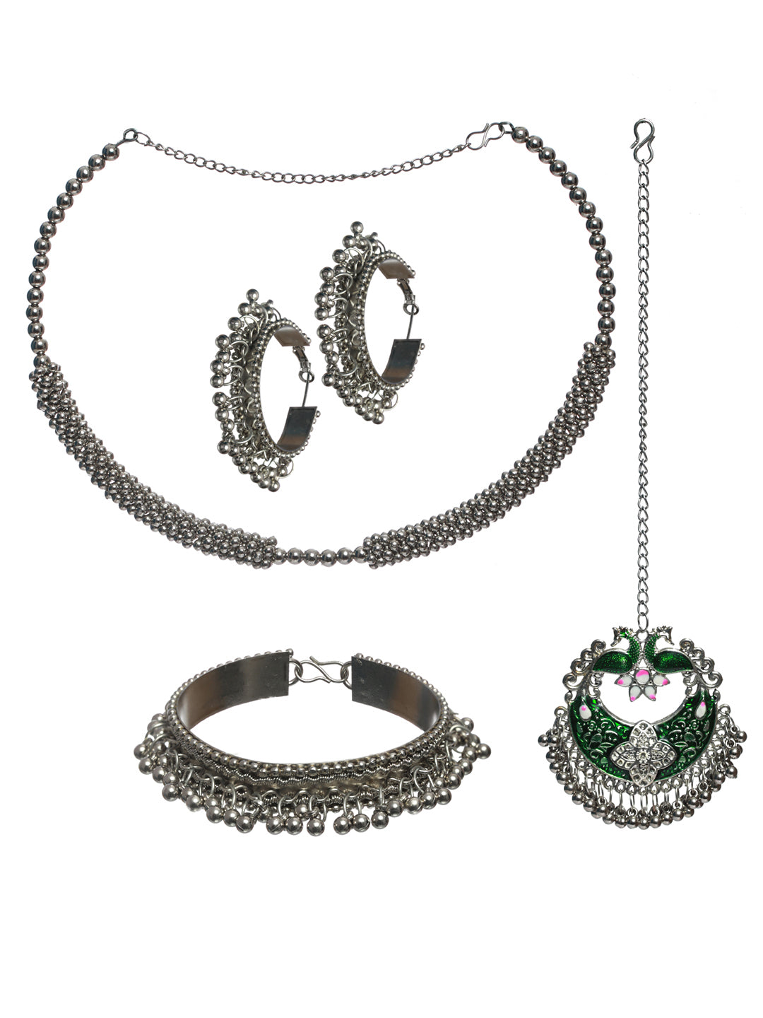 Priyaasi Oxidised Silver Green Peacock Jewellery Set with Bracelet & Maang Tikka