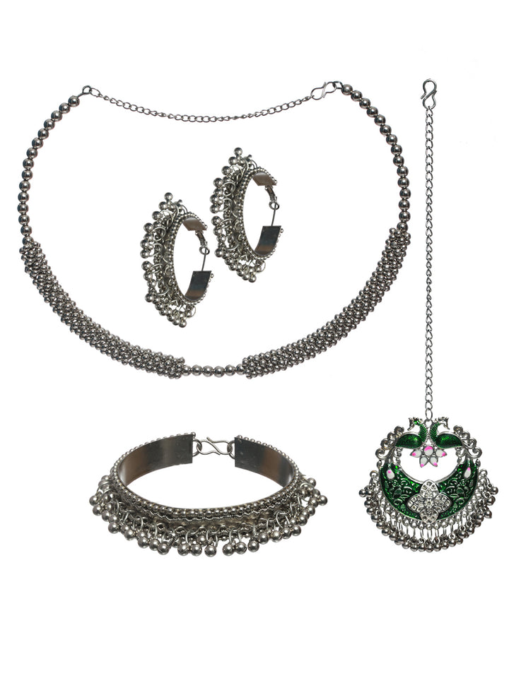 Priyaasi Oxidised Silver Green Peacock Jewellery Set with Bracelet & Maang Tikka