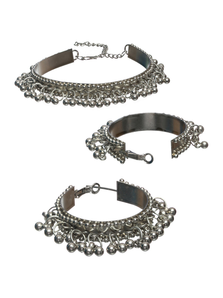 Priyaasi Oxidised Silver Green Peacock Jewellery Set with Bracelet & Maang Tikka