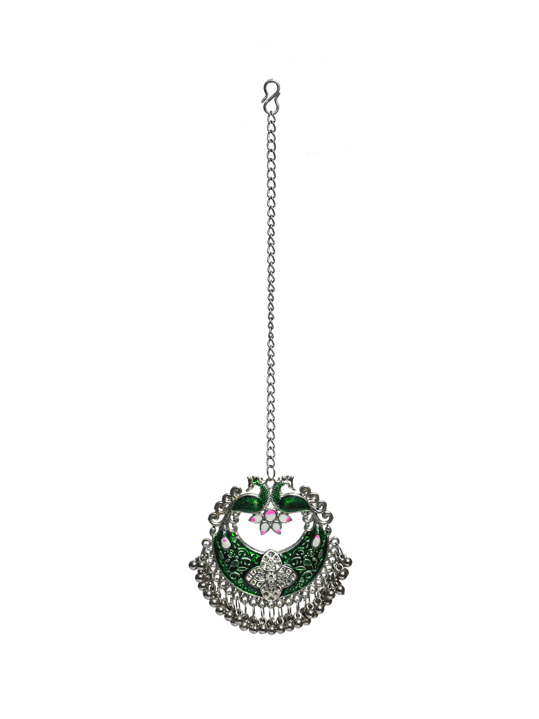 Priyaasi Oxidised Silver Green Peacock Jewellery Set with Bracelet & Maang Tikka