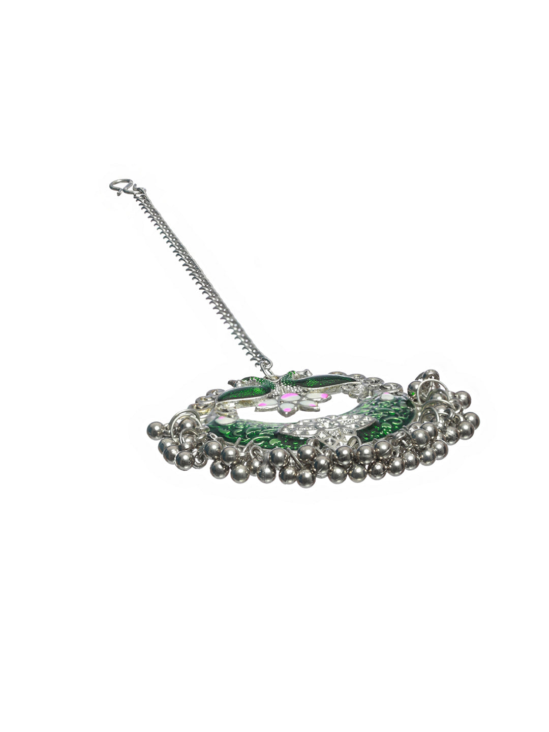 Priyaasi Oxidised Silver Green Peacock Jewellery Set with Bracelet & Maang Tikka