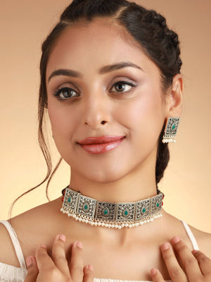 Priyaasi Oxidised Silver Studded Floral Block Pearl Drop Jewellery Set