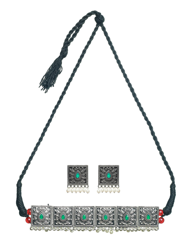 Priyaasi Oxidised Silver Studded Floral Block Pearl Drop Jewellery Set
