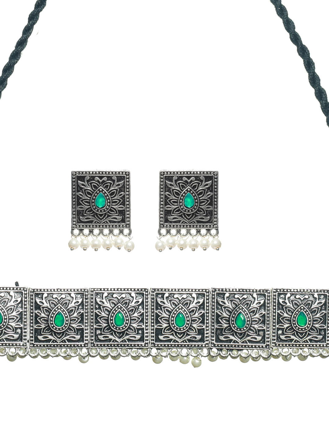 Priyaasi Oxidised Silver Studded Floral Block Pearl Drop Jewellery Set