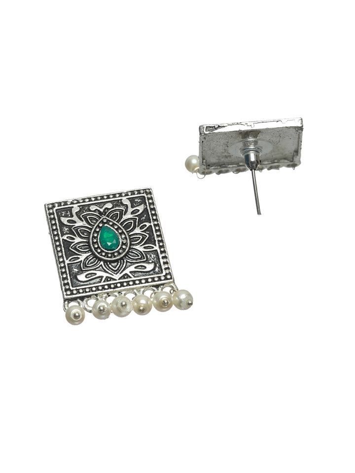 Priyaasi Oxidised Silver Studded Floral Block Pearl Drop Jewellery Set