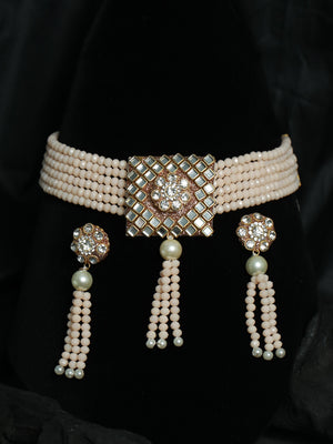 Priyaasi Peach Floral Block Gold Plated Choker Jewellery Set
