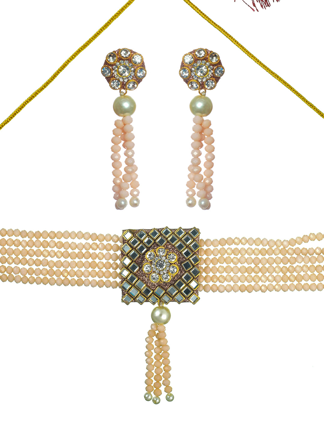 Priyaasi Peach Floral Block Gold Plated Choker Jewellery Set