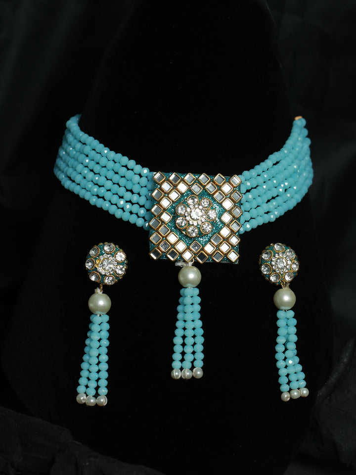 Priyaasi Blue Studded Floral Mirror Block Choker Jewellery Set
