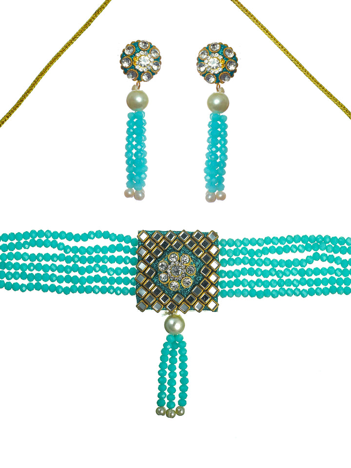 Priyaasi Blue Studded Floral Mirror Block Choker Jewellery Set