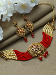 Priyaasi Red Studded Floral Block Choker Jewellery Set