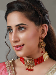 Priyaasi Red Studded Floral Block Choker Jewellery Set