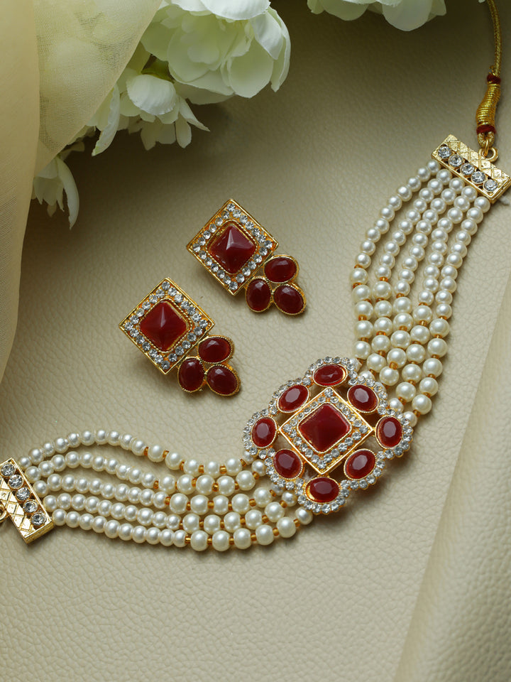 Priyaasi Maroon Studded Block Pearl Choker Jewellery Set