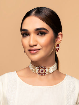 Priyaasi Maroon Studded Block Pearl Choker Jewellery Set