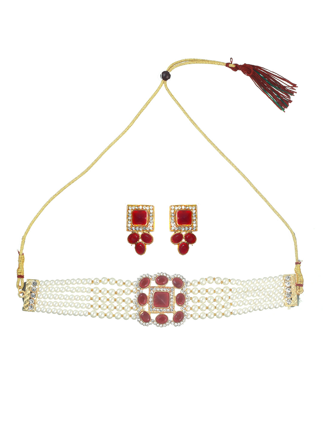 Priyaasi Maroon Studded Block Pearl Choker Jewellery Set