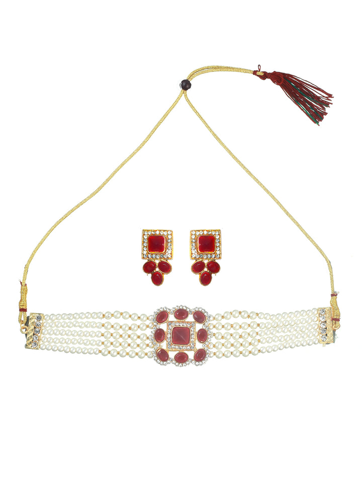 Priyaasi Maroon Studded Block Pearl Choker Jewellery Set