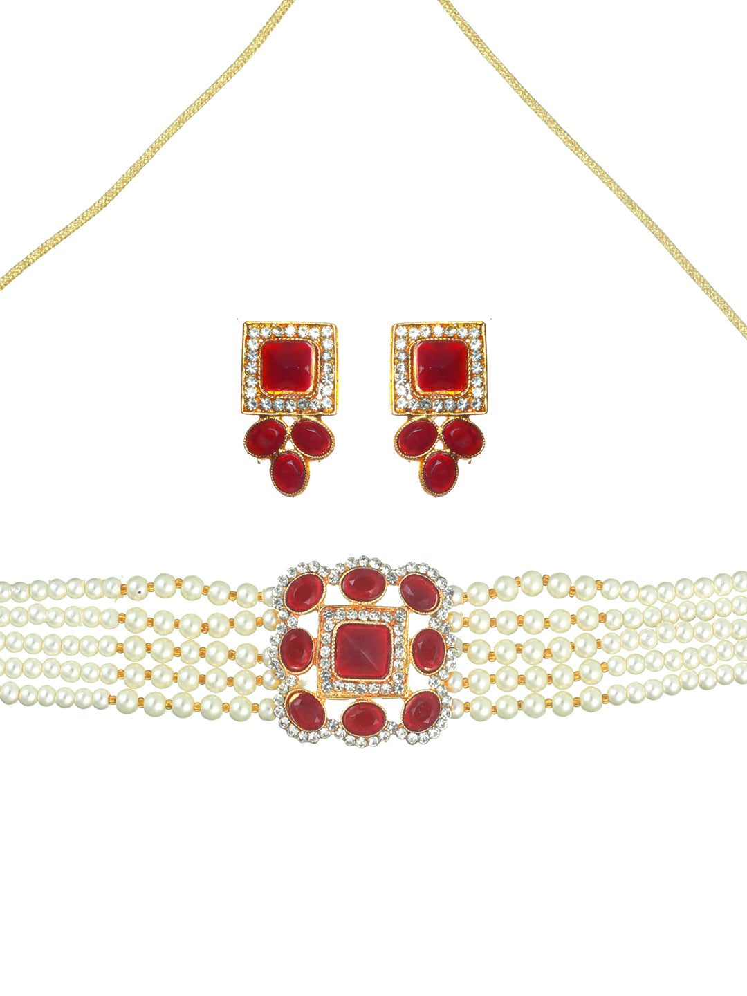 Priyaasi Maroon Studded Block Pearl Choker Jewellery Set