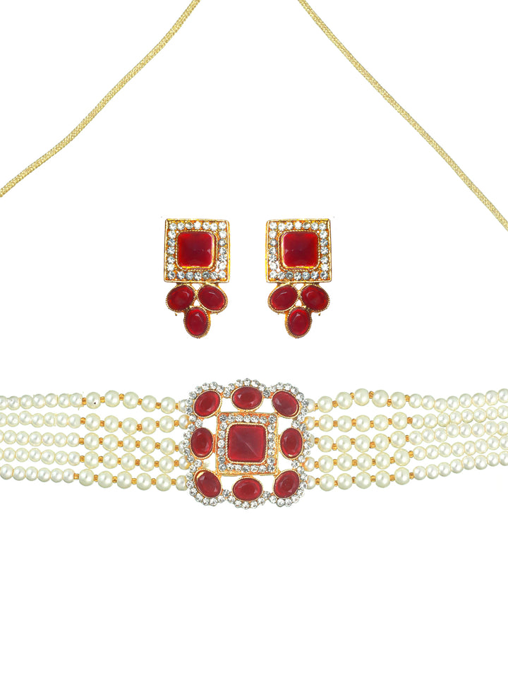 Priyaasi Maroon Studded Block Pearl Choker Jewellery Set