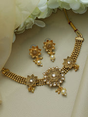 Priyaasi Floral Studded Pearl Gold Plated Choker Jewellery Set