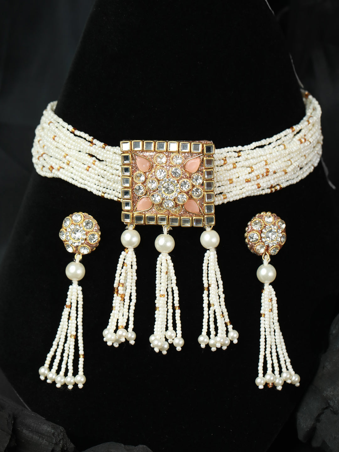 Priyaasi Pink Studded Floral Block Gold Plated Choker Jewellery Set
