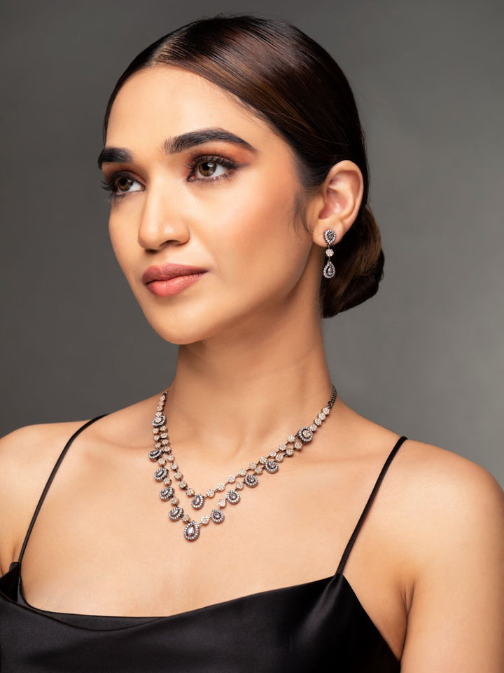 Priyaasi Black Rose Gold Plated AD Studded Dual-Layered Jewellery Set