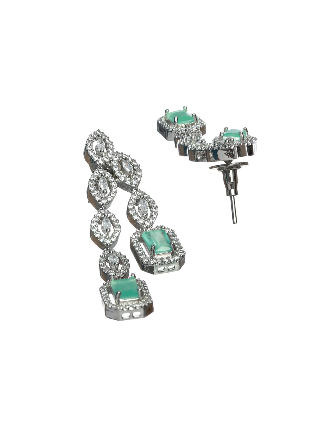 Priyaasi Mint Green Silver Plated AD Studded Dual-Layered Jewellery Set