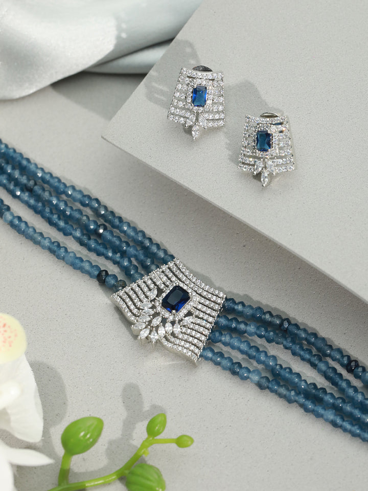 Priyaasi Blue Multilayer American Diamond Choker Jewellery Set