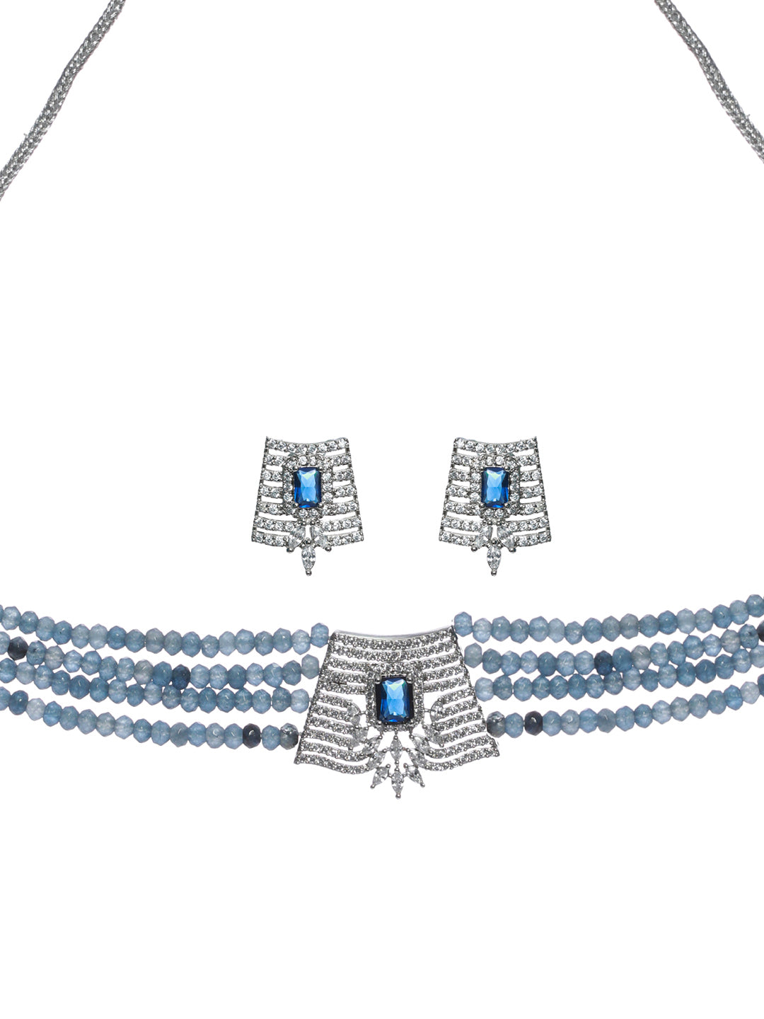 Priyaasi Blue Multilayer American Diamond Choker Jewellery Set