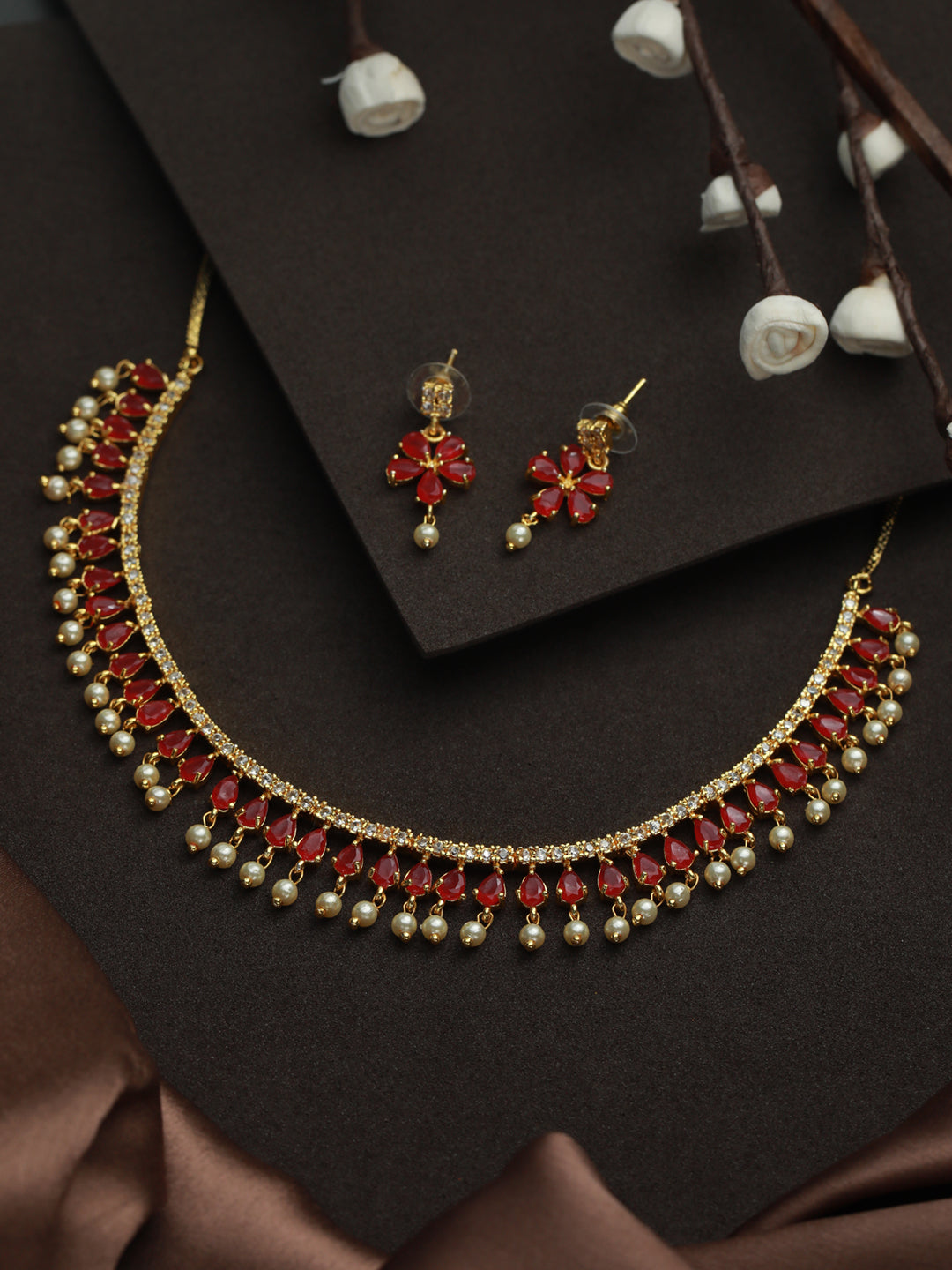 Priyaasi Red Floral Leaf Gold Plated Jewellery Set