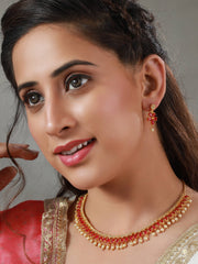 Priyaasi Red Floral Leaf Gold Plated Jewellery Set