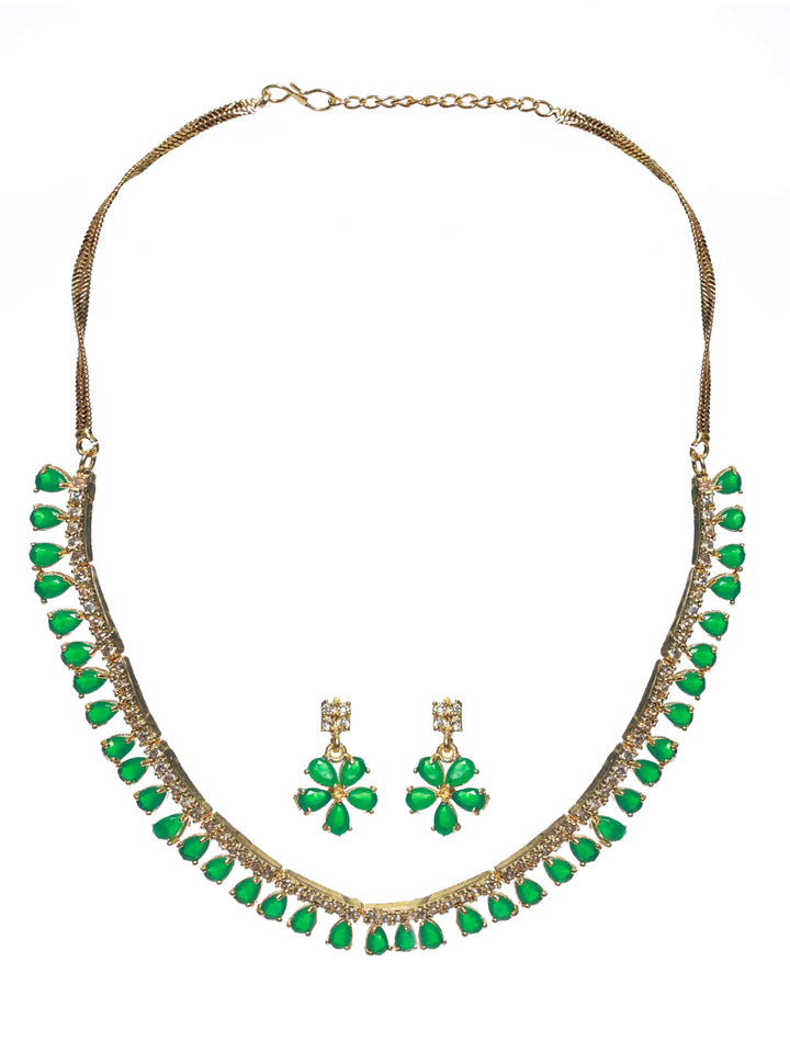 Priyaasi Green Leaf Gold Plated AD Studded Jewellery Set