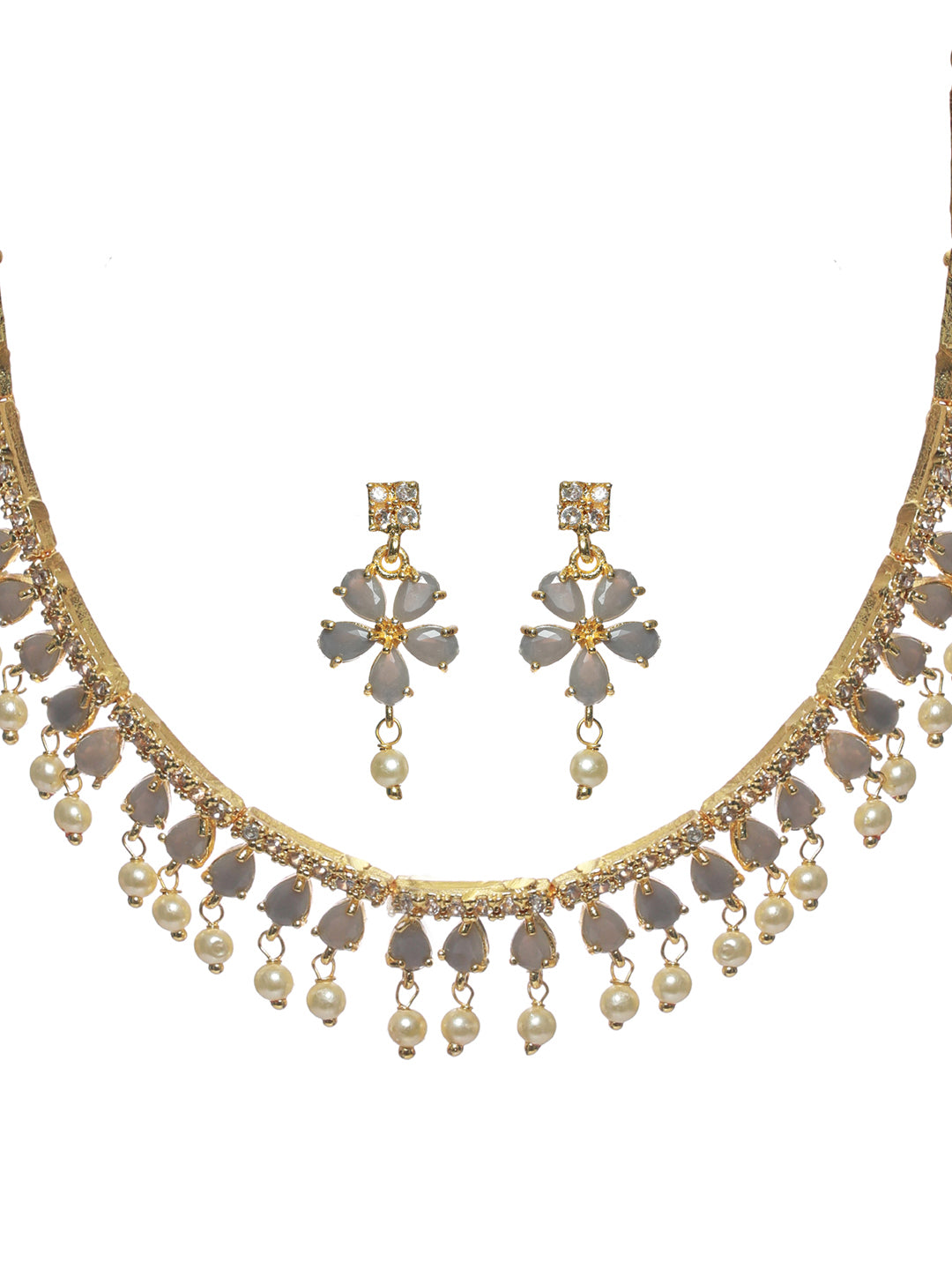 Priyaasi Grey Floral Leaf Gold Plated Jewellery Set