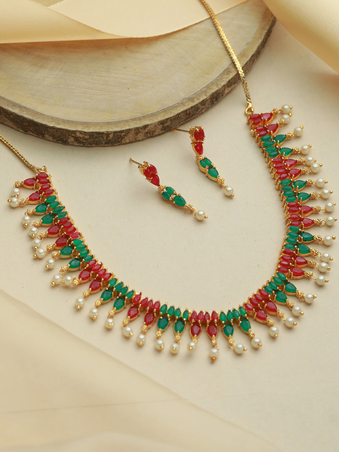 Priyaasi Multicolor Leaf Pattern Gold Plated Jewellery Set