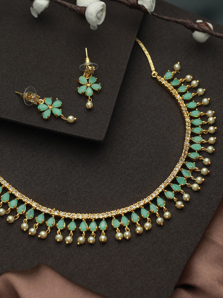 Priyaasi Mint Green Floral Leaf Gold Plated Jewellery Set