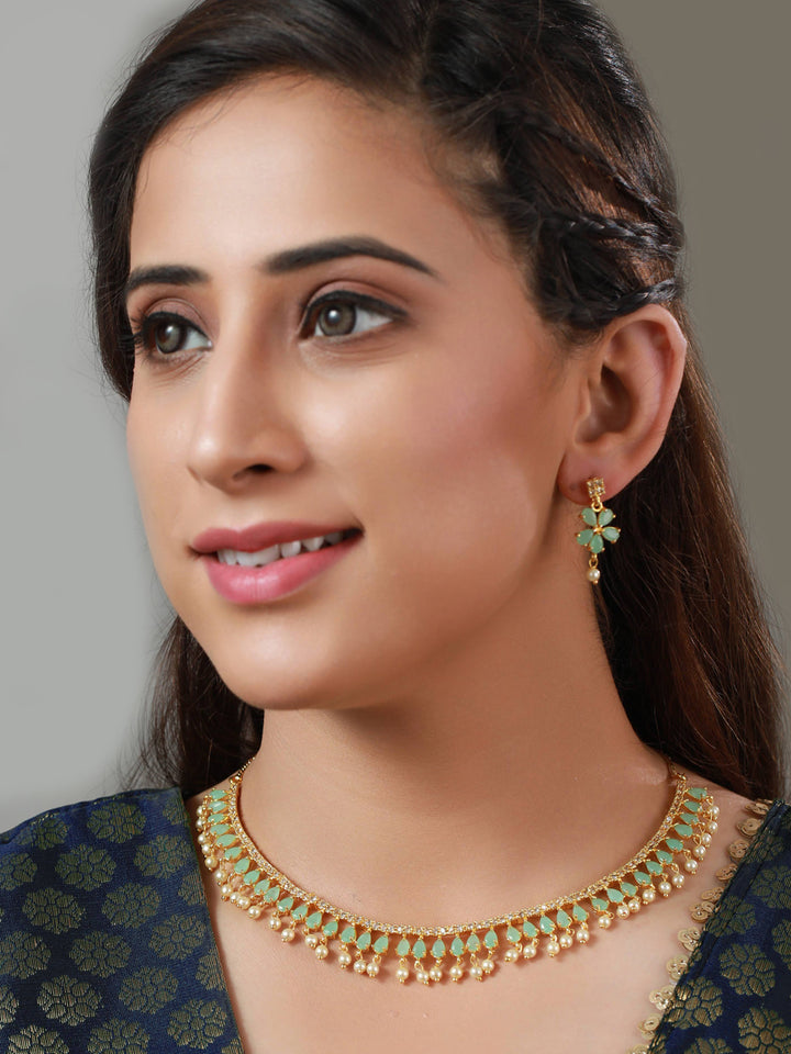 Priyaasi Mint Green Floral Leaf Gold Plated Jewellery Set