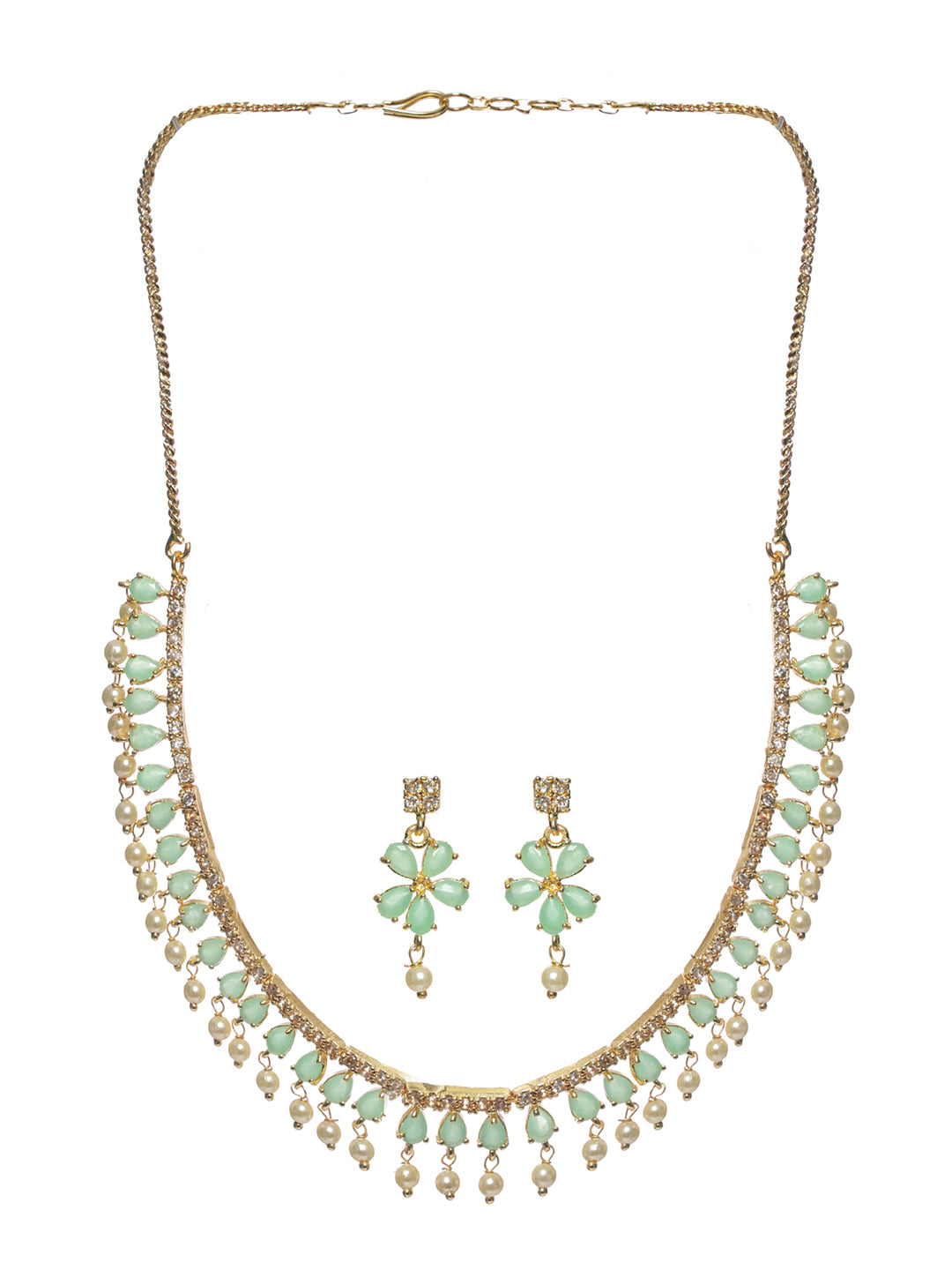 Priyaasi Mint Green Floral Leaf Gold Plated Jewellery Set