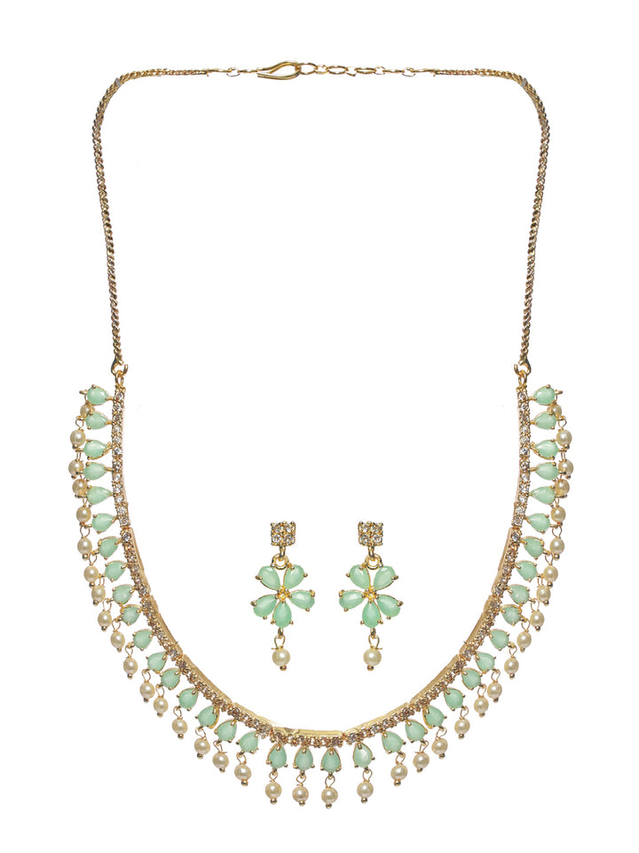 Priyaasi Mint Green Floral Leaf Gold Plated Jewellery Set