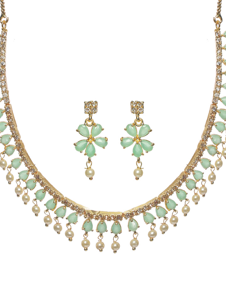 Priyaasi Mint Green Floral Leaf Gold Plated Jewellery Set