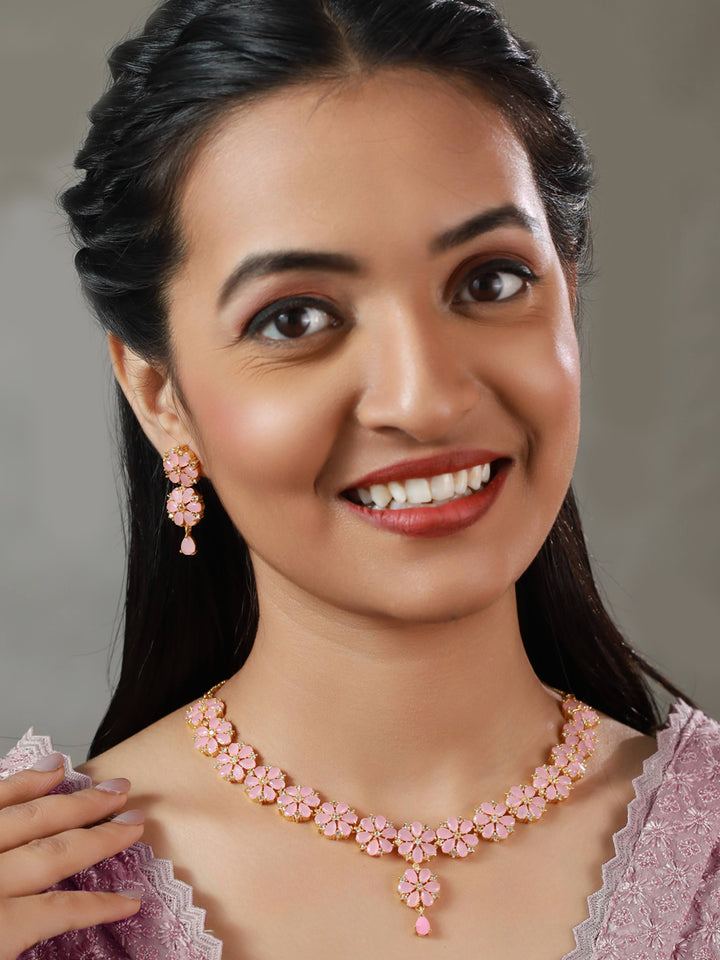 Priyaasi Pink Floral Gold Plated AD Studded Jewellery Set