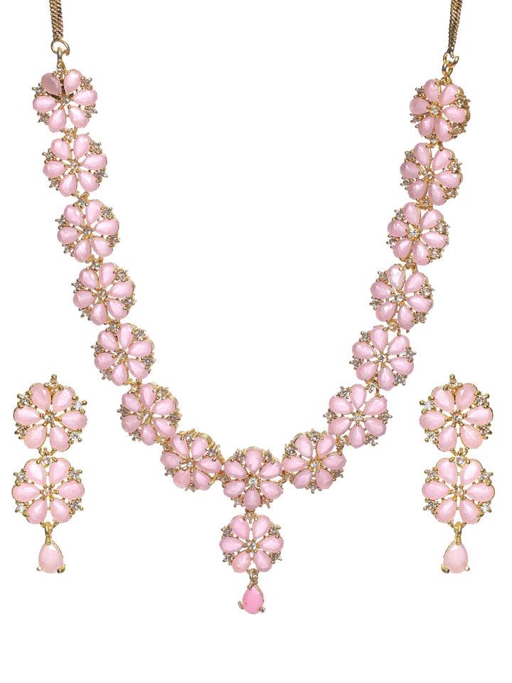 Priyaasi Pink Floral Gold Plated AD Studded Jewellery Set