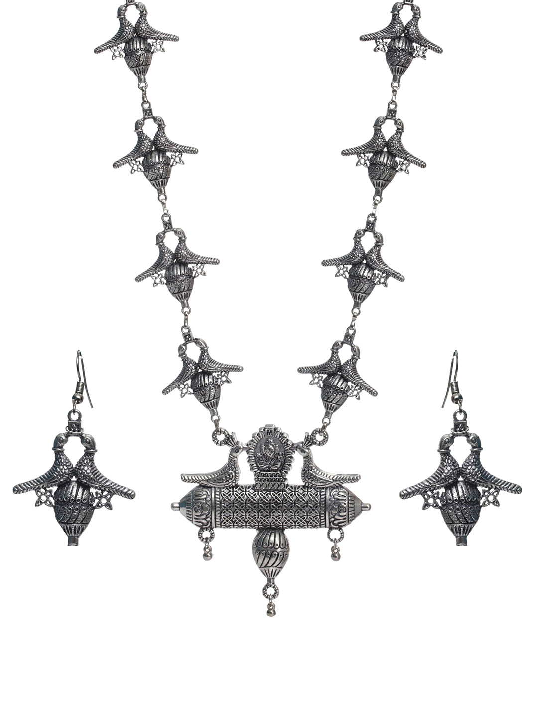Priyaasi Peacock Lord Ganesha Oxidised Silver Necklace