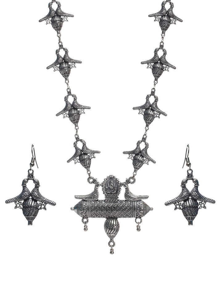 Priyaasi Peacock Lord Ganesha Oxidised Silver Necklace