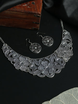 Priyaasi Elegant Floral Oxidised Silver Jewellery Set
